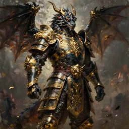 anthropomorphic dragon warrior stands tall wearing black and gold plate armor, oil painting, Tooth Wu, Greg Rutkowski, RPG, dynamic lighting, fantasy art, High contrast, depth of field