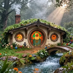 a medieval hobbit home, ornate, beautiful, atmosphere, vibe, mist, smoke, chimney, rain, water - well, wet, pristine, puddles, waterfall, clear stream, bridge, orange, green, stained glass, forest, flowers, concept art illustration, color page, 4 k, tone mapping, doll, akihiko yoshida, james jean, andrei riabovitchev, marc simonetti, yoshitaka amano, digital illustration, greg rutowski, volumetric lighting, sunbeams, particles, rembrandt