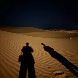 photograph of the desert at night with ominous figures in the distance, dunes in foreground with elongated shadows, night photography, dslr, 4 k