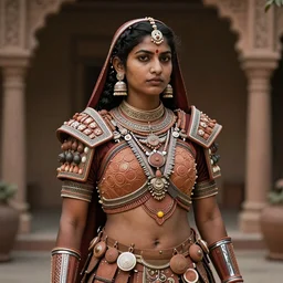 an indian warrior woman, wearing intricate armor made of pottery pieces. photorealistic, intricate and detailed.