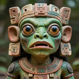 portrait of a mayan alien!! creature, wide giant eyes, green skin, fish - like mouth, ritualisic creature, detailed face, clear eyes, clear mouth, aztec tatoos, mayan body painting, tenochtitlan, looking towards the camera. high details, demigod.