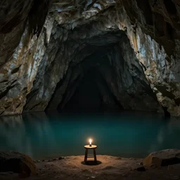 a huge cave, dark cave lake, a chair stool under a tiny lightbulb, surreal, highly detailed, artstation, smooth, sharp focus, by greg rutkowski, 8 k