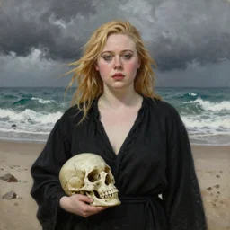 obese and ugly Elle Fanning in a black robe holding a skull on the beach, head and shoulders portrait, stormy weather, extremely detailed masterpiece, Roger Deakin’s cinematography, oil on canvas, Edward Hopper,