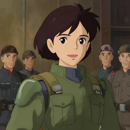 a stylized 2 d cinematic keyframe of a female cyborg soldier, joy gaze, cel - shaded, classical animation, edge - to - edge print, rendered by studio ghibli, artgerm, alyssa monks, andreas rocha, david kassan, neil blevins, rule of thirds, golden ratio, ambient lighting