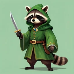 a raccoon in a renaissance, green, hooded rogue outfit holding dagger, trending on art station