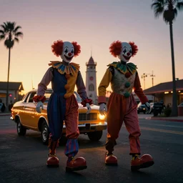 2 0 clowns - robots leaving a clowncar at a california drive in, in 2 0 1 2, cutecore clowncore, bathed in the the glow of the sunset, low - light photograph, in style of tyler mitchell