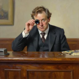 palette knife oil painting portrait of graham, a fellow in a three - piece suit and monocle, peering over from his heavy, lacquered oak reception desk, extreme detail, artstation trending, artgerm, any racial background, deviant art, octane, substance, art history 8 k