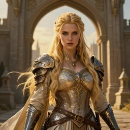 the elder scrolls vi a portrait of a blond elven princess warrior portrait near the epic entrance to a city, atmospheric lighting, painted, menacing, intricate, volumetric lighting, beautiful, ( golden hour ), sharp focus, ultra detailed, by leesha hannigan, ross tran, thierry doizon, kai carpenter, ignacio fernandez rios