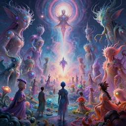 a psychedelic realm at the edge of existence where intensely creative astral beings live, in the style of wlop and ruan jia, illustration, epic, fantasy, hyper detailed, smooth, unreal engine, sharp focus, ray tracing