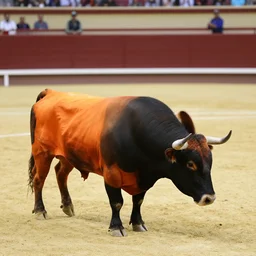 bull wearing orange inmate clothes in a bullring stadium