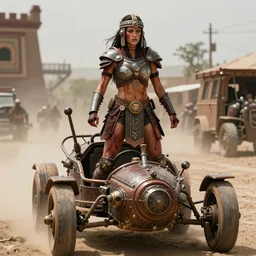 movie frame with female warrior standing on steam punk buggy with wood wheels, chase scene, hyperrealism, armor inspired by incas and doom and fashion, symmetrical face, epic, award winning, establishing shot, fit body, blooded, extremely high detail, photorealistic, brutal, provocative, octane render, editorial, documentary photography