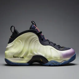 nike foamposite sneaker with the word dennis written on the side high lighting catalog photography
