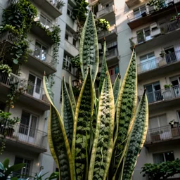 Snake plant taking over an entire apartment block, low angle shot, ambient lighting, high detail