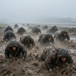 plodding, barreling, seething, slogging, assembling, coalescing, turbulent insistent stumbling, relentless gathering, matted, ravenous, waiting, dozeless peering, a heaving, mysterious, vague, unmistakable, through the mist, threatening, approaches
