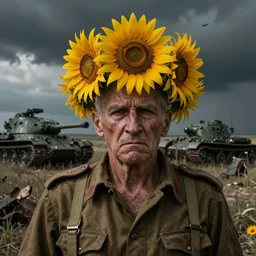 old soldiers head being overgrown by sunflowers, broken tank and Krimea in background, dark, eerie, despair, portrait photography, artstation, digital art, adward winning, concept art, artstation, highly detailed, sharp focus, by caravaggio