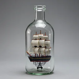 a glass bottle with a ship inside of it, a surrealist sculpture by leandro erlich, cgsociety, kinetic art, made of glass, made of plastic, made of wire