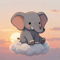 A cute little elephant with a short trunk, sitting on a cloud at sunset, digital art