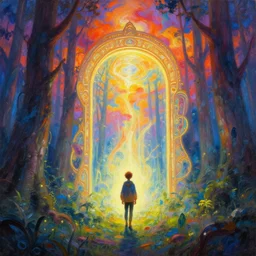 ethereal glowing mystery portal to another world, seen by wanderer boy in middle of woods, vivid colors, fantasy, trending on artstation, artgerm, cgsociety, greg rutkowski, magali villeneuve, quint buchholz, dan mumford, liam brazier, peter mobrhacher, cinematic, elegant, intricate oil painting, ilya kuvshinov and cushart krentz and gilleard james, alphonse mucha, unreal engine, very smooth, high detail, 4 k, concept art, brush strokes, pixiv art, sharp focus, raging dynamic sky, heavens