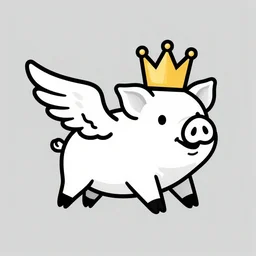 black and white vector art of a flying pig with wings wearing a gold crown in the sky 8k