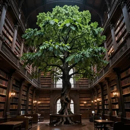 a beautiful giant tree growing in the middle of a vast Victorian library. dramatic light, ultra realistic, 4K