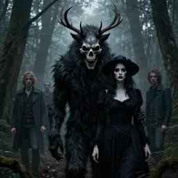 style artgerm, joshua middleton, steve niles, diego fazio, j. c. leyendecker : : scary wendigo with antlers and skull face mixed with werewolf : : [ beautiful witch wearing a black dress, symmetrical face, on the right side ] : : in the forest, detailed, dark and foggy, cinematic lighting