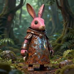rusty metal, rusty pink jackalope mage, rabbit, cartoon, dnd, light dark light space reflections diffraction detailed arms, detailed multiverse 4 k 8 k in amazon rainforest