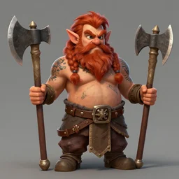 fantasy dwarf, redheaded, twin braided beard, tattooed, muscular and bare chested, holding two axes. digital art.