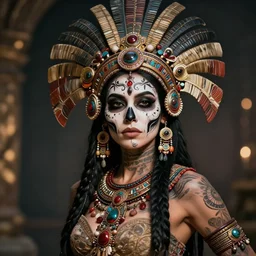 photorealistic head and shoulders photo of beautiful female ornate fantasy viking indian tribal aztec warrior goddess, confident, minimal black skull warpaint, tattoos, Neil Blevins, James Paick, Natasha Tan Maciej Kuciara, Frank frazetta, arney freytag, Ritu Kumar, Sabyasachi Mukherjee, Magic the gathering,octane, bokeh, 8k, fashion pose, cinematic, 28mm