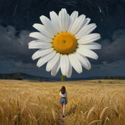 giant daisy flowers as a head, girl walking in wheat field, hills, surreal photography, dark night, star trails, impressionist painting, dramatic clouds, digital painting, artstation, simon stalenhag