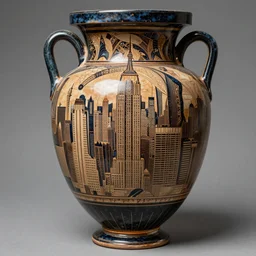 an intricate, fractal drawing of new york's skyline on an ancient greek amphora container, museum item, 1 0 0 bc