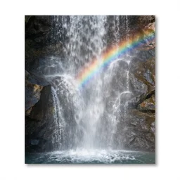 artdeco of waterfall cascading onto rocks, small rainbow emerging in background, ethereal, beautiful scenery, detailed, amazing, glitter