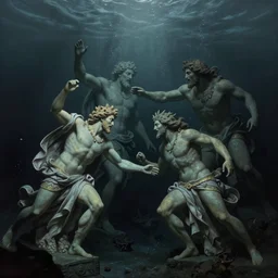 low ultrawide shot, dark, underwater statues, submerged pre - greek olympian gods fighting, abyss, stylized, anime style mixed with fujifilm, detailed gouache paintings, crepuscular rays, dark, murky, foggy, atmospheric, nicola samori, albert bierstadt, frederic edwin church, beksinski, wayne barlowe's inferno