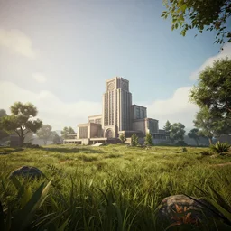 A serene landscape with a singular building in the style of Unreal Engine 5, extremely realistic, 8k, volumetric light, insane details, complementary colors.