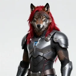 award winning portrait of a anthropomorphic black male wolf with long red hair wearing futuristic armor | | concept art, 4 k, volumetric lighting, highly detailed, photorealistic, by cory loftis trending on artstation