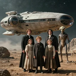 highly detailed, 68719476736k film still from a sci fi blockbuster color movie made in 2019, set in 1860, of a family standing in front of a spaceship that has just landed on an alien planet, a humanoid alien creature stands nearby, the family are all wearing 1860s era clothes, in focus, good lighting, good photography, ultra high definition