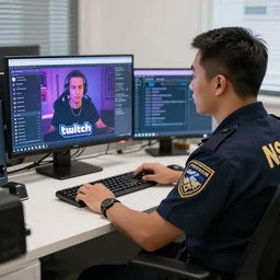 NSA agent in their office watching a TWITCH.TV streamer