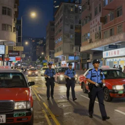 Hong kong at night, police patrolling the street, a photorealistic painting by Gregory Crewdson, cgsociety, playstation 5 screenshot, matte painting, cryengine