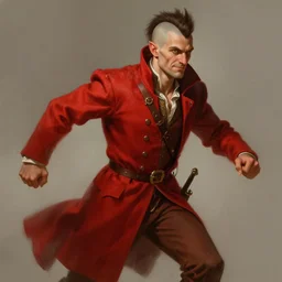 medium-length portrait of a male half-elf dashing swashbuckler with a mohawk, fair skin, strong jaw, cocky expression, wears a bright red longcoat, medieval setting, highly detailed, digital painting, artstation, concept art, sharp focus, illustration, art by greg rutkowski and alphonse mucha