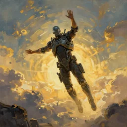 cyberpunk, man levitating at zero gravity, floating in epic pose, atmospheric lighting, painted, intricate, golden hour, ultra detailed by peter gric, giger, enki bilal
