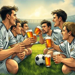 soccer team drinking 6 0 0 beer for breakfast, highly detailed