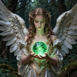 a masterpiece ultrarealistic ultradetailed portrait of incredibly beautiful angel princess with green orb of life. baroque renaissance girl in the night forest. medium shot, intricate, elegant, highly detailed. trending on artstation, digital art, by stanley artgerm lau, wlop, rossdraws, james jean, andrei riabovitchev, marc simonetti, yoshitaka amano. background by james jean, light by julie bell, porcelain skin. global illumination. vfx