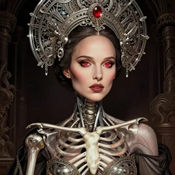 portrait of an absurdly beautiful, graceful, sophisticated, fashionable futuristic female skeleton with sections of skin showing, natalie portman, hyperdetailed illustration by irakli nadar and alexandre ferra, intricate linework, faberge, intricate chrome headdress, dark atmosphere, glowing red eyes, unreal engine 5 highly rendered, global illumination, radiant light, detailed and intricate environment