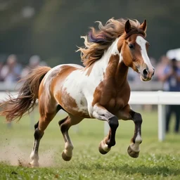 wide angle full body action shot of a hybrid my little pony ( appaloosa horse ), professional, high quality, multi colored mane, steeplechase race, 4 k, dof, bokeh, action, dramatic lighting, photorealistic, detailed, hq, photorealism