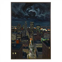 impressionistic full - color painting of a distorted mirror reflecting a nightmarish boston downtown skyline in 1 9 2 5 at night with a horrifying sky, aerial view, dark, brooding, night, atmospheric, horror, cosmic, ultra - realistic, smooth, highly detailed by dave dorman