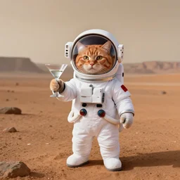 long shot, wide angle view, photo of orange cat in white astronout suit, holding a martini glass, transparent helmet, martian landscape background, photorealistic, digital art, by alejandro jimenez, bernardo gonzalez perez, blow studio, hdr, 8 k