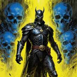 horror art, van damme as hell knight, yellow rain, giant blue skulls in the background, art by ismail inceoglu