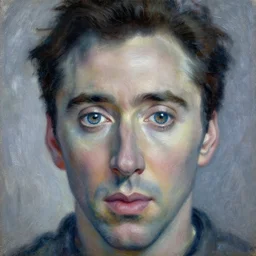 A delicate, soft and highly detailed painting of Nicolas cage with sparkly googly anime eyes, chiaroscuro, masterpiece painted by Claude Monet, post-impressionism, thick impasto technique, paint-on-glass painting, pastel oil inks, very ethereal, vantablack chiaroscuro, paint-on-glass painting, oil inks, very ethereal, silver light, nacre colors