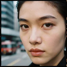 kodak portra 4 0 0, 8 k, highly detailed, wachowski 3 / 4 extreme closeup portrait, clear eyes, focus on 1 9 9 0 s fashion model, tilt shift zaha hadid style background : famous blade runner remake, kowloon city scene
