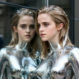 emma watson, statue, chrome, reflect, texture, photograph