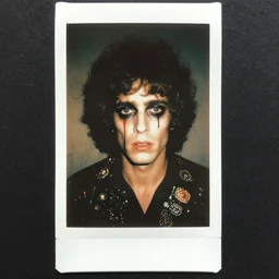 an instant photo of a beautiful but sinister man in layers of fear, with haunted eyes and curly hair, 1 9 7 0 s, seventies, delicate embellishments, a little blood, crimson, painterly, offset printing technique, mary jane ansell